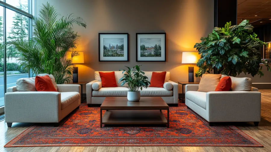 This inviting lounge area features comfortable sofas adorned with orange cushions, a central coffee table, and lush greenery, creating a perfect space for relaxation.